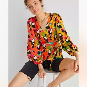 Anthropologie NWT Farm Rio Rainforest Wrap Blouse Toucans Tropical Birds Size S